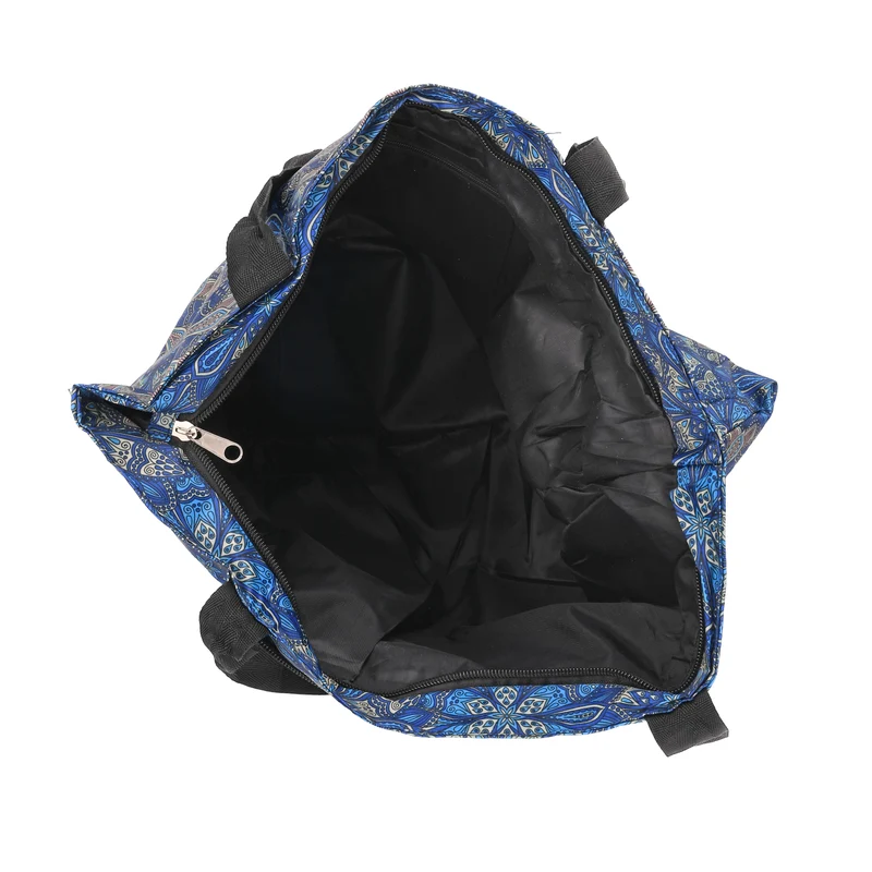 Faltbare Einkaufstasche mit Blumenmuster, aus wasserabweisendem Polyester, mit Innen- und Außentasche, 40x43 cm, Tragegriffe ca. 22 cm, Blau