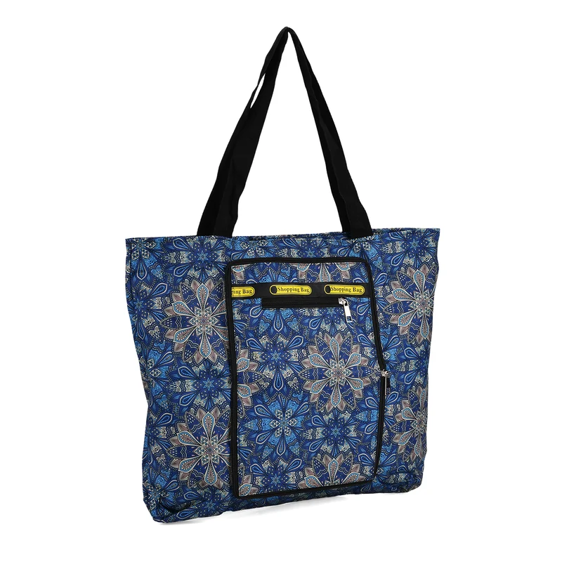 Faltbare Einkaufstasche mit Blumenmuster, aus wasserabweisendem Polyester, mit Innen- und Außentasche, 40x43 cm, Tragegriffe ca. 22 cm, Blau