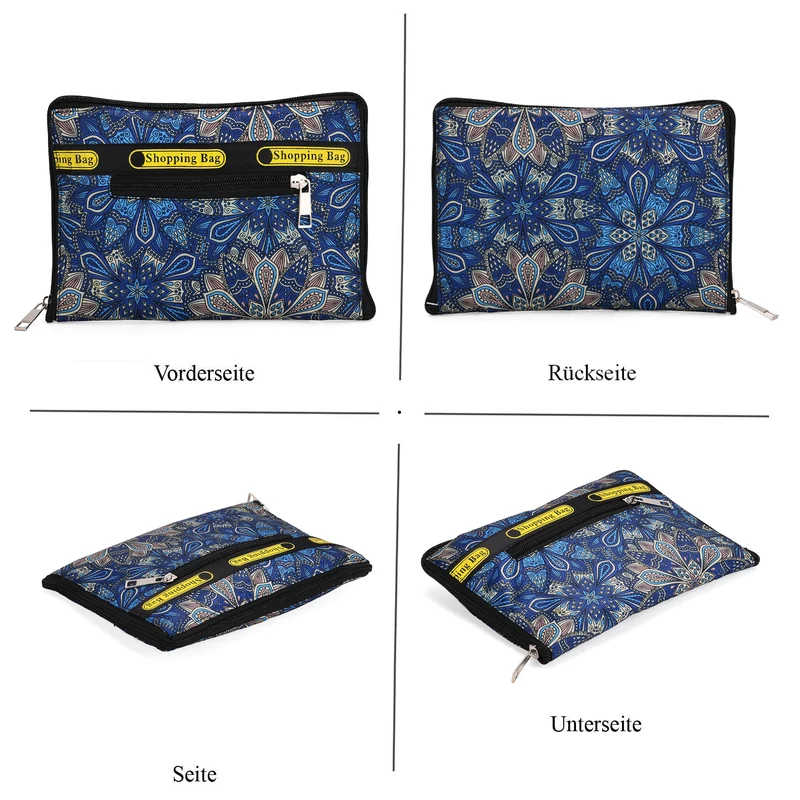 Faltbare Einkaufstasche mit Blumenmuster, aus wasserabweisendem Polyester, mit Innen- und Außentasche, 40x43 cm, Tragegriffe ca. 22 cm, Blau