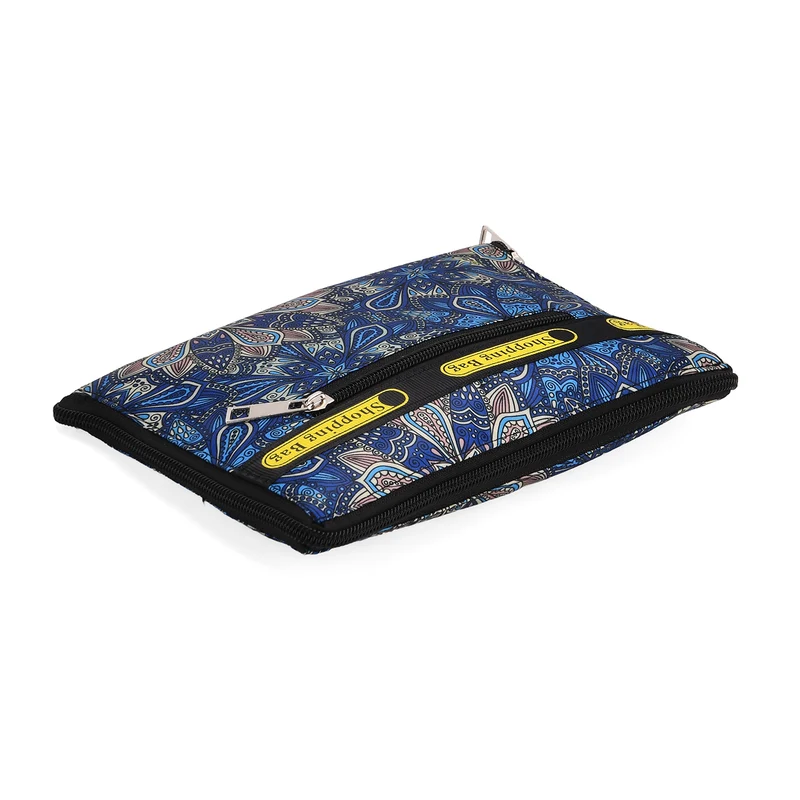 Faltbare Einkaufstasche mit Blumenmuster, aus wasserabweisendem Polyester, mit Innen- und Außentasche, 40x43 cm, Tragegriffe ca. 22 cm, Blau