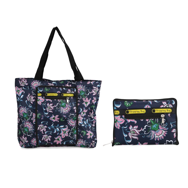 Faltbare Einkaufstasche mit Blumenmuster, aus wasserabweisendem Polyester, mit Innen- und Außentasche, 40x43 cm, Tragegriffe ca. 22 cm, Blau