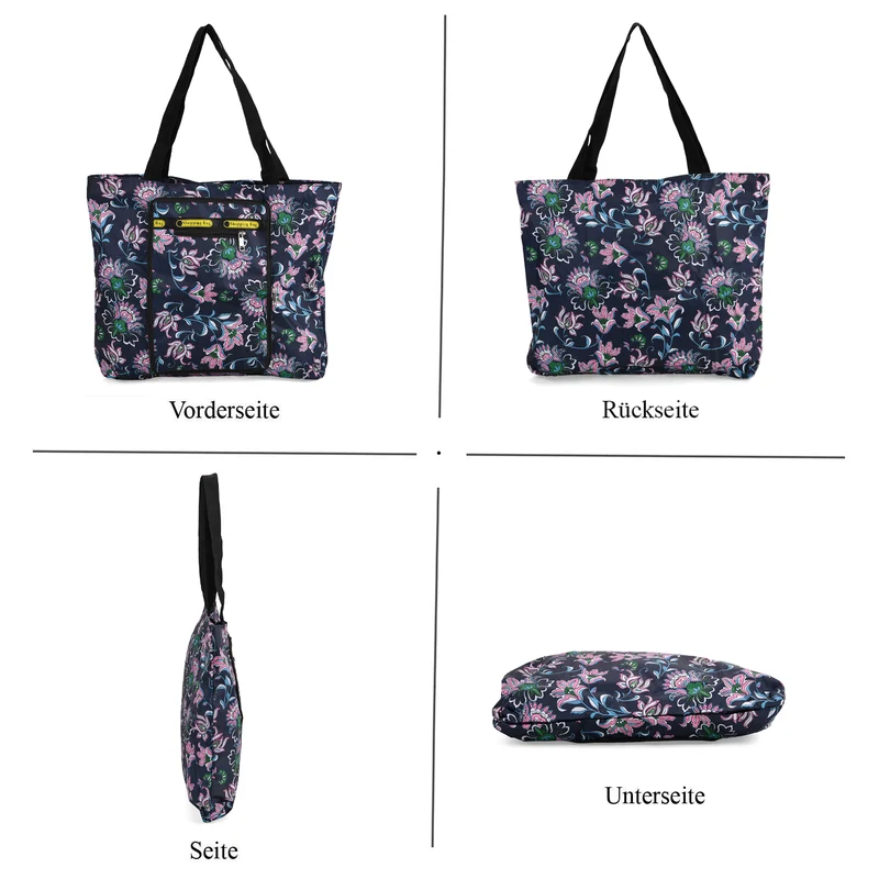 Faltbare Einkaufstasche mit Blumenmuster, aus wasserabweisendem Polyester, mit Innen- und Außentasche, 40x43 cm, Tragegriffe ca. 22 cm, Blau