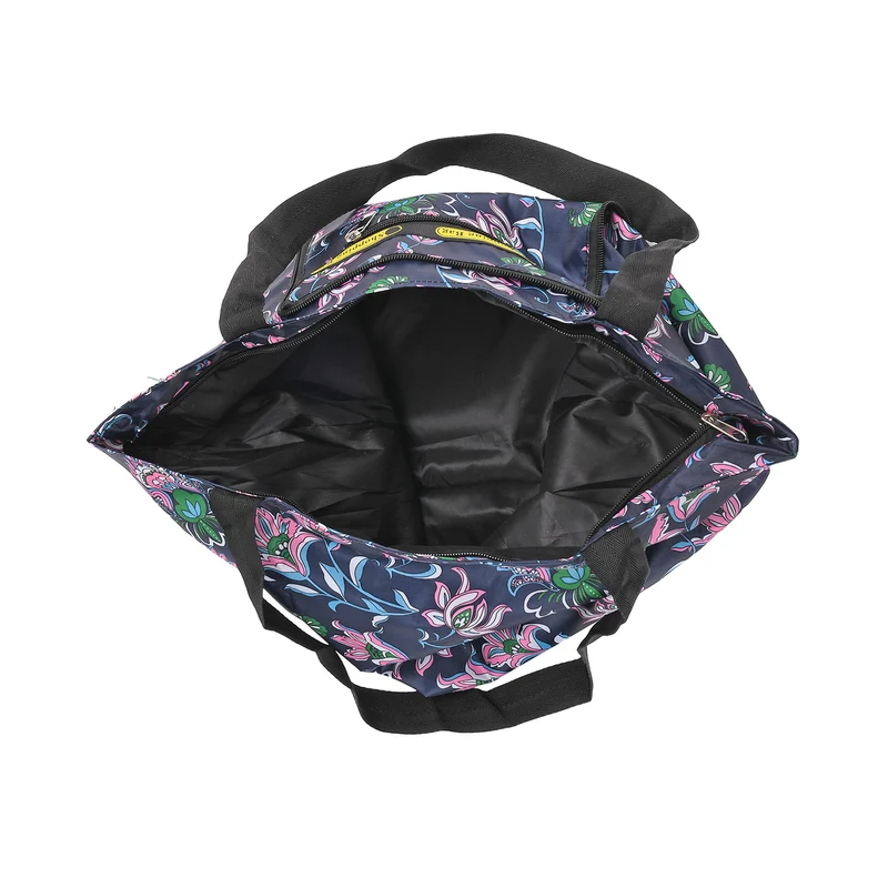 Faltbare Einkaufstasche mit Blumenmuster, aus wasserabweisendem Polyester, mit Innen- und Außentasche, 40x43 cm, Tragegriffe ca. 22 cm, Blau