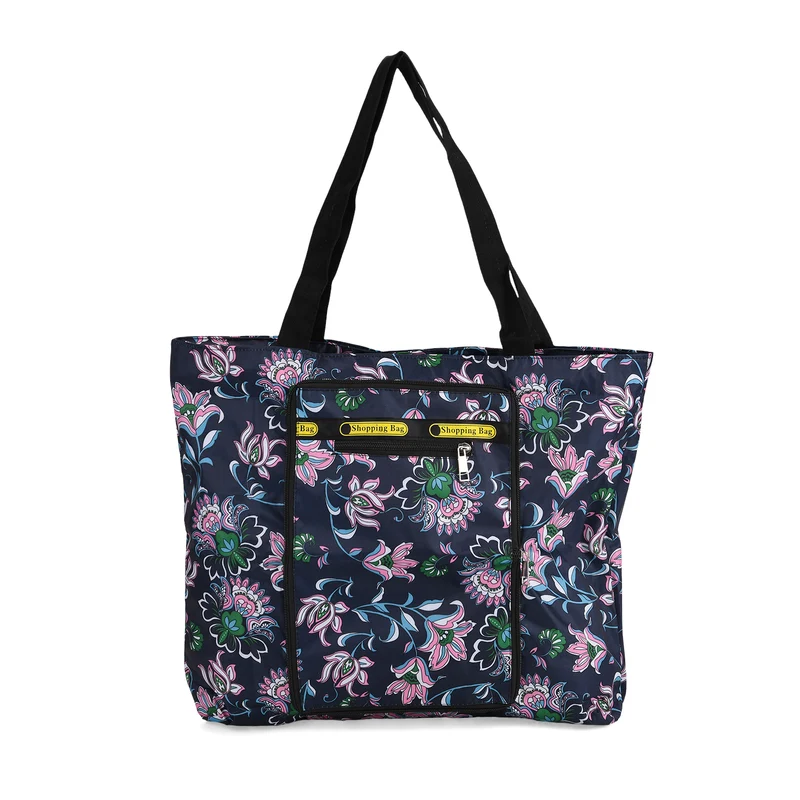 Faltbare Einkaufstasche mit Blumenmuster, aus wasserabweisendem Polyester, mit Innen- und Außentasche, 40x43 cm, Tragegriffe ca. 22 cm, Blau