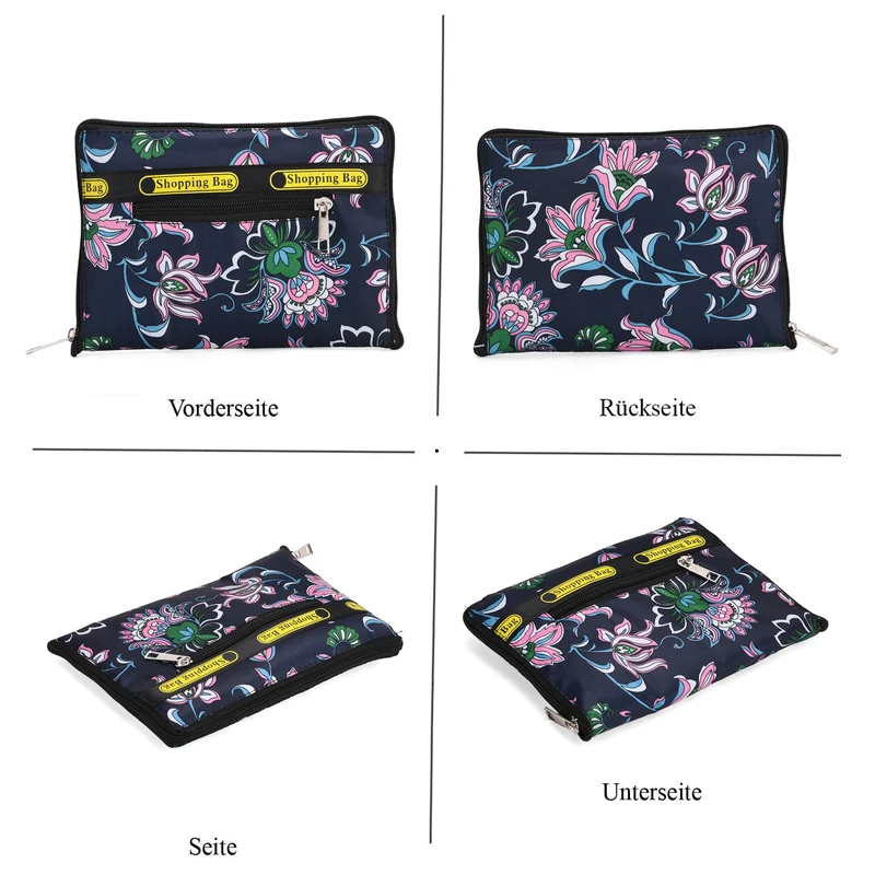 Faltbare Einkaufstasche mit Blumenmuster, aus wasserabweisendem Polyester, mit Innen- und Außentasche, 40x43 cm, Tragegriffe ca. 22 cm, Blau
