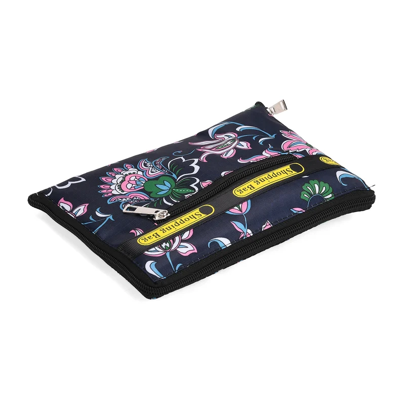 Faltbare Einkaufstasche mit Blumenmuster, aus wasserabweisendem Polyester, mit Innen- und Außentasche, 40x43 cm, Tragegriffe ca. 22 cm, Blau