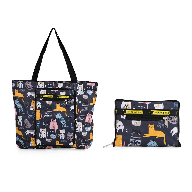 Faltbare Einkaufstasche mit Blumenmuster, aus wasserabweisendem Polyester, mit Innen- und Außentasche, 40x43 cm, Tragegriffe ca. 22 cm, Blau