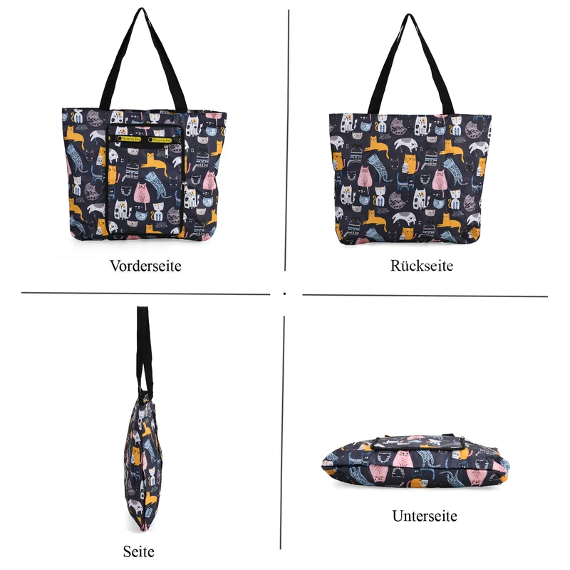 Faltbare Einkaufstasche mit Blumenmuster, aus wasserabweisendem Polyester, mit Innen- und Außentasche, 40x43 cm, Tragegriffe ca. 22 cm, Blau