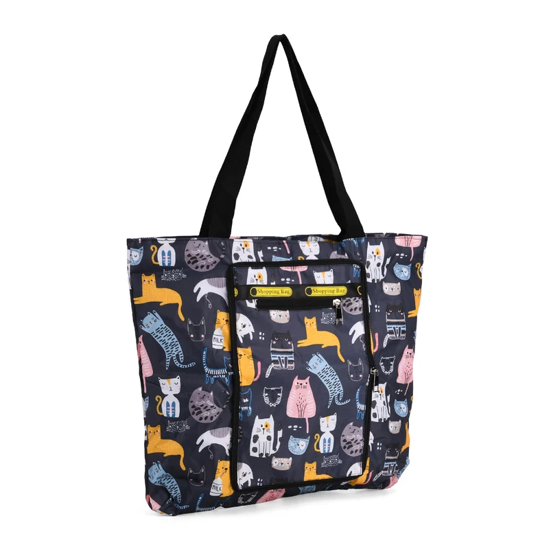 Faltbare Einkaufstasche mit Blumenmuster, aus wasserabweisendem Polyester, mit Innen- und Außentasche, 40x43 cm, Tragegriffe ca. 22 cm, Blau