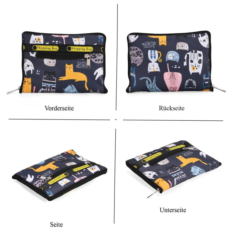 Faltbare Einkaufstasche mit Blumenmuster, aus wasserabweisendem Polyester, mit Innen- und Außentasche, 40x43 cm, Tragegriffe ca. 22 cm, Blau