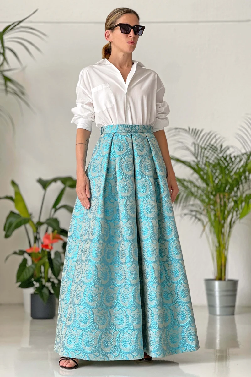 Long blue Lurex skirt