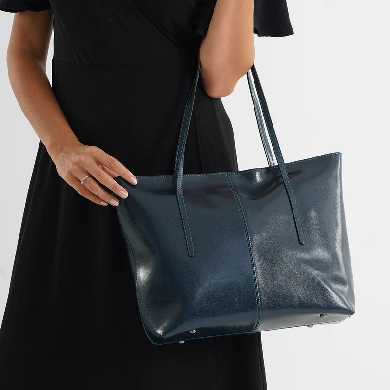 LA MAREY Echtleder-Shopper mit Kartenetui und Schlüsselfinder, 35,5 x 11 x 30 cm, Blau