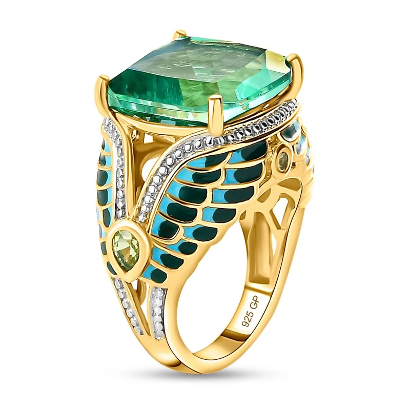 GP Spezial Kollektion - Pfau Triplette Quarz und grüner Saphir-Ring, 925 Silber Gelbgold Vermeil ca. 11.14 ct