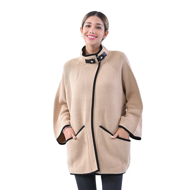 TAMSY Damen Strick-Mantel mit Schnalle, Beige