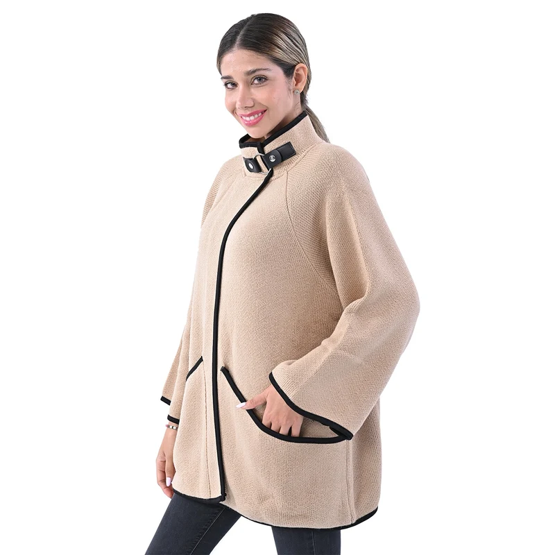 TAMSY Damen Strick-Mantel mit Schnalle, Beige
