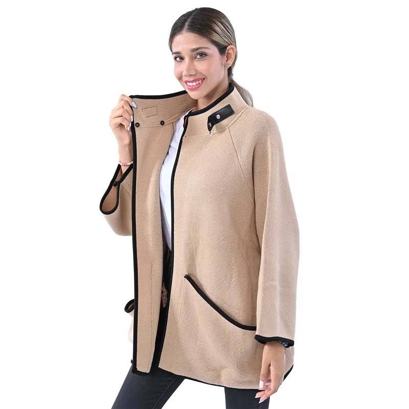 TAMSY Damen Strick-Mantel mit Schnalle, Beige