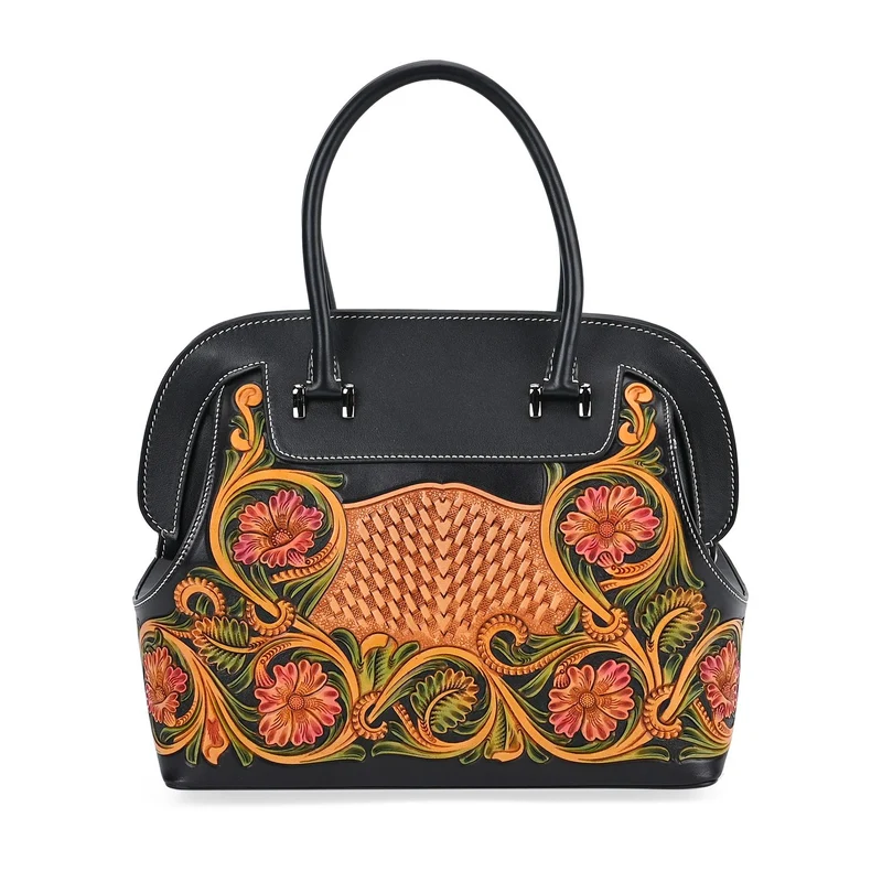 Grand Pelle Elite Kollektion- Handgravierte Westernstil Premium-Lederhandtasche im Handgepäckstil mit floralem Kunstwerk, Größe 28 x 25 x 15 cm, schwarz