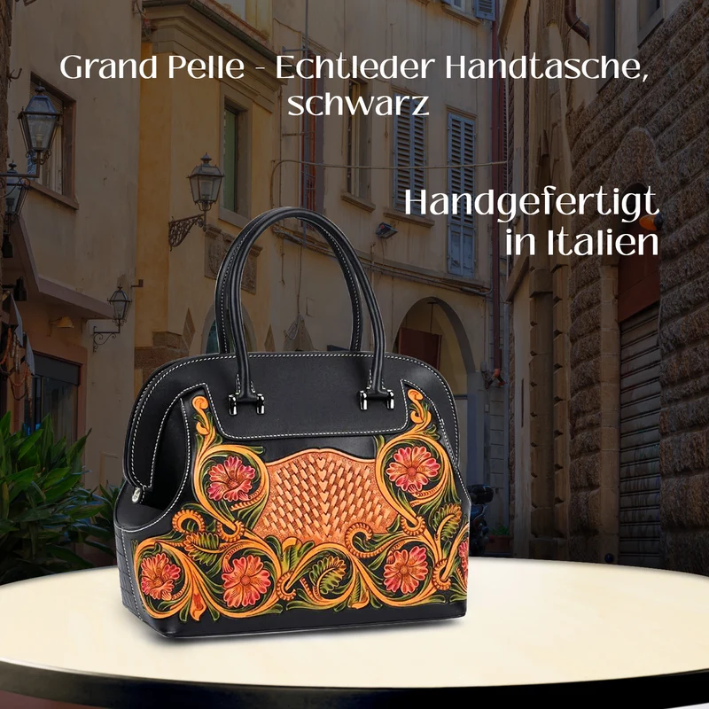 Grand Pelle Elite Kollektion- Handgravierte Westernstil Premium-Lederhandtasche im Handgepäckstil mit floralem Kunstwerk, Größe 28 x 25 x 15 cm, schwarz