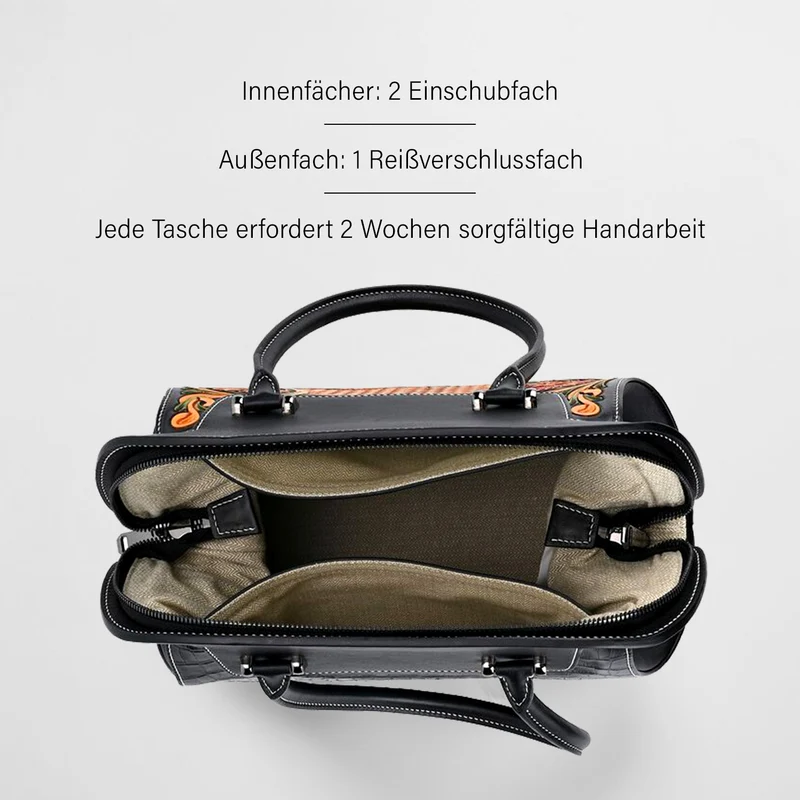Grand Pelle Elite Kollektion- Handgravierte Westernstil Premium-Lederhandtasche im Handgepäckstil mit floralem Kunstwerk, Größe 28 x 25 x 15 cm, schwarz