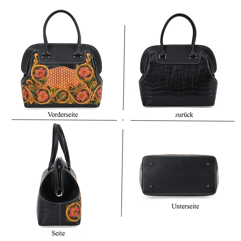 Grand Pelle Elite Kollektion- Handgravierte Westernstil Premium-Lederhandtasche im Handgepäckstil mit floralem Kunstwerk, Größe 28 x 25 x 15 cm, schwarz