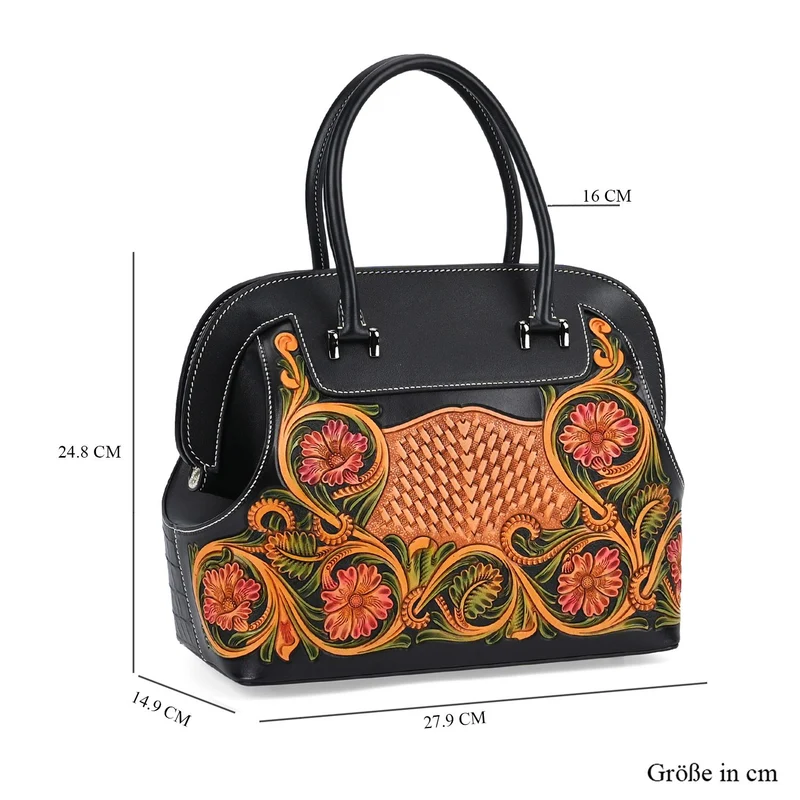 Grand Pelle Elite Kollektion- Handgravierte Westernstil Premium-Lederhandtasche im Handgepäckstil mit floralem Kunstwerk, Größe 28 x 25 x 15 cm, schwarz