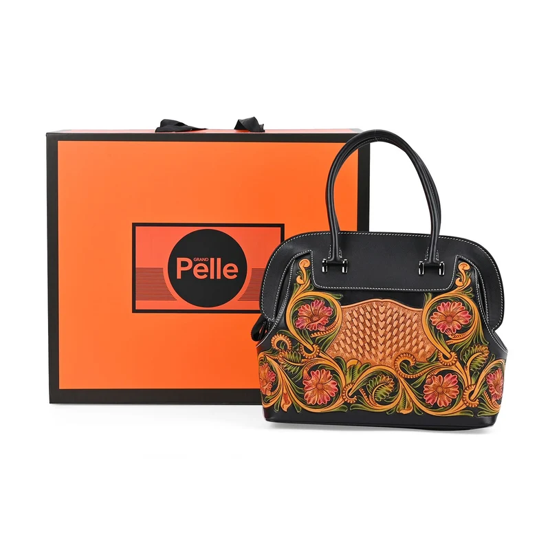Grand Pelle Elite Kollektion- Handgravierte Westernstil Premium-Lederhandtasche im Handgepäckstil mit floralem Kunstwerk, Größe 28 x 25 x 15 cm, schwarz