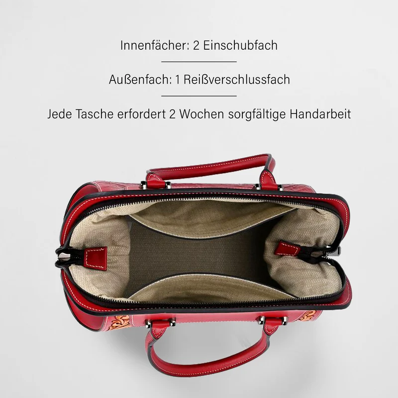 Grand Pelle Elite Kollektion- Handgravierte Westernstil Premium-Lederhandtasche im Handgepäckstil mit floralem Kunstwerk, Größe 28 x 25 x 15 cm, schwarz