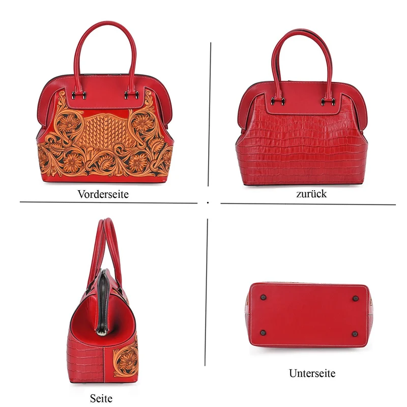 Grand Pelle Elite Kollektion- Handgravierte Westernstil Premium-Lederhandtasche im Handgepäckstil mit floralem Kunstwerk, Größe 28 x 25 x 15 cm, schwarz