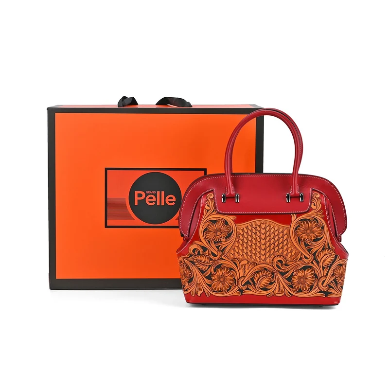 Grand Pelle Elite Kollektion- Handgravierte Westernstil Premium-Lederhandtasche im Handgepäckstil mit floralem Kunstwerk, Größe 28 x 25 x 15 cm, schwarz