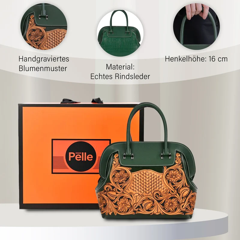 Grand Pelle Elite Kollektion- Handgravierte Westernstil Premium-Lederhandtasche im Handgepäckstil mit floralem Kunstwerk, Größe 28 x 25 x 15 cm, schwarz