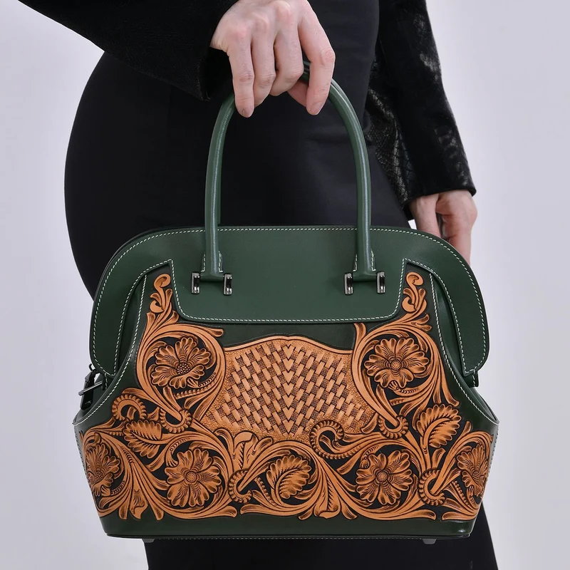 Grand Pelle Elite Kollektion- Handgravierte Westernstil Premium-Lederhandtasche im Handgepäckstil mit floralem Kunstwerk, Größe 28 x 25 x 15 cm, schwarz