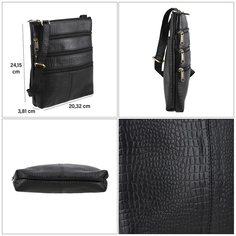 CLOSE OUT - Echtleder Crossbody Tasche mit Kroko Prägung, Multi-Fächer, 20 x 24 cm, Cognac