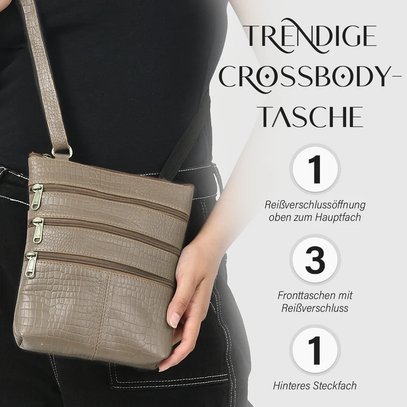 CLOSE OUT - Echtleder Crossbody Tasche mit Kroko Prägung, Multi-Fächer, 20 x 24 cm, Cognac