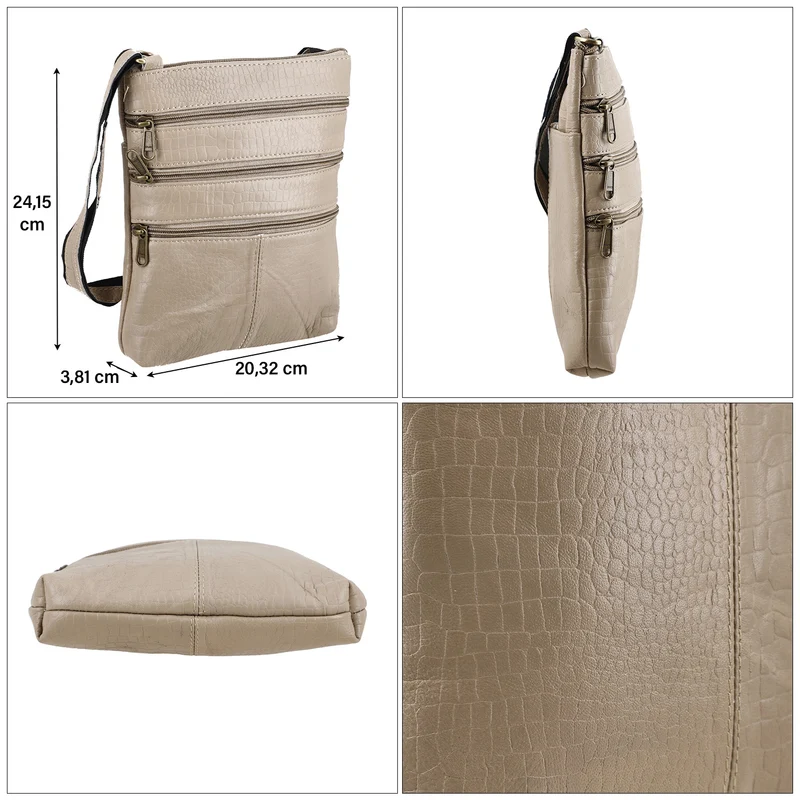CLOSE OUT - Echtleder Crossbody Tasche mit Kroko Prägung, Multi-Fächer, 20 x 24 cm, Cognac
