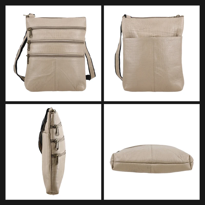 CLOSE OUT - Echtleder Crossbody Tasche mit Kroko Prägung, Multi-Fächer, 20 x 24 cm, Cognac
