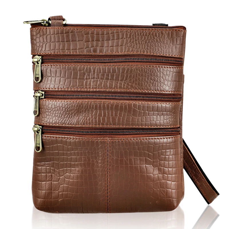 CLOSE OUT - Echtleder Crossbody Tasche mit Kroko Prägung, Multi-Fächer, 20 x 24 cm, Cognac