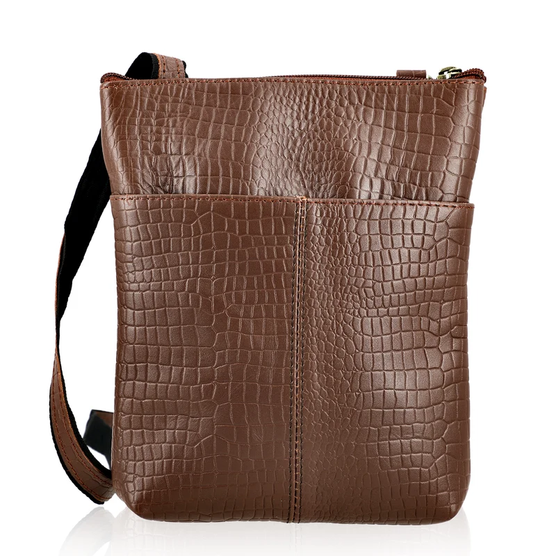 CLOSE OUT - Echtleder Crossbody Tasche mit Kroko Prägung, Multi-Fächer, 20 x 24 cm, Cognac
