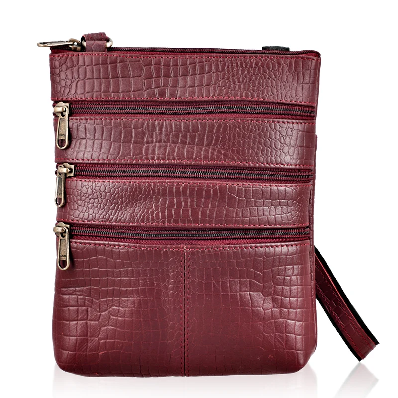 CLOSE OUT - Echtleder Crossbody Tasche mit Kroko Prägung, Multi-Fächer, 20 x 24 cm, Cognac