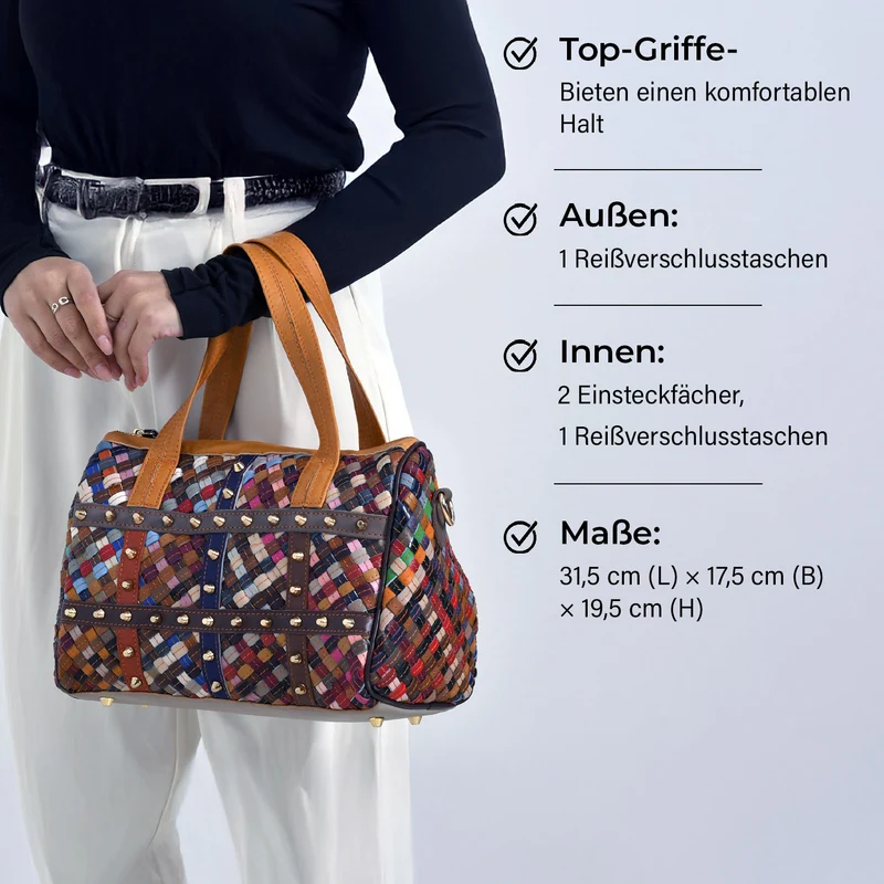 Chaos by Elsie - Crossbody-Tasche aus echtem Leder, Multicolor, mit RFID-Schutz und Mini-Taschenlampe, ca. 31,5x17,5x19,5 cm