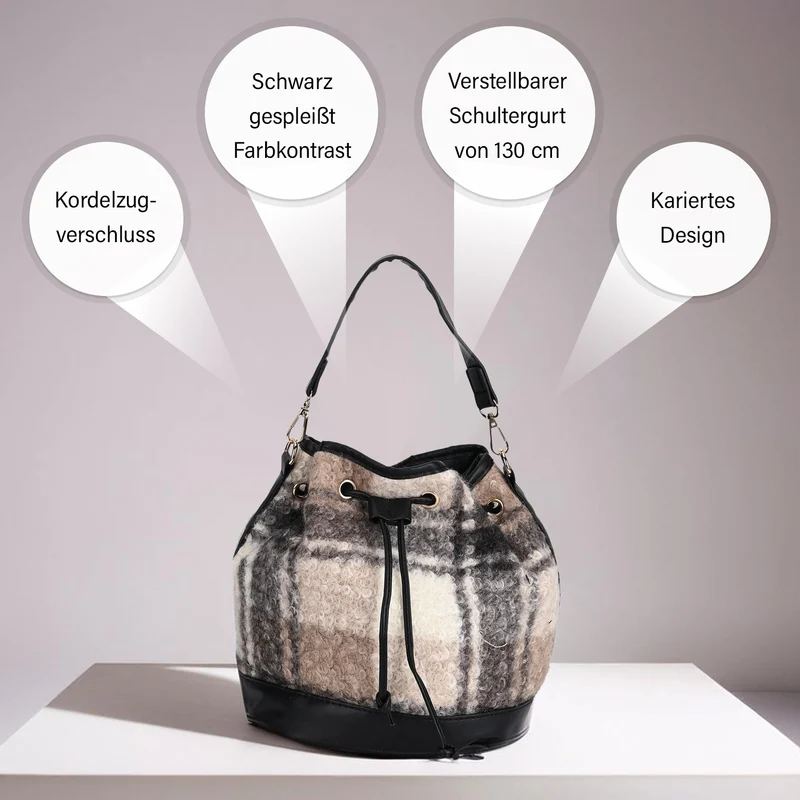 Bucket Crossbody Bag - Modische Beuteltasche mit Kordelzug, Beige Kontrast-Karo-Kunstfell, Größe: 22x18x25 cm