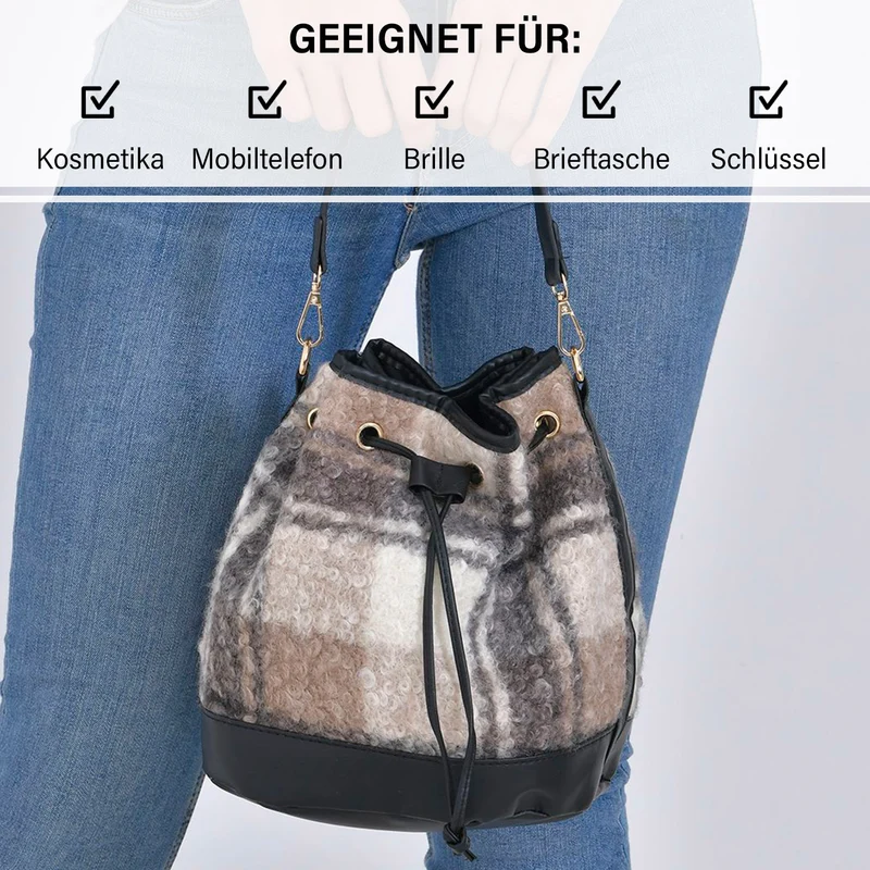 Bucket Crossbody Bag - Modische Beuteltasche mit Kordelzug, Beige Kontrast-Karo-Kunstfell, Größe: 22x18x25 cm