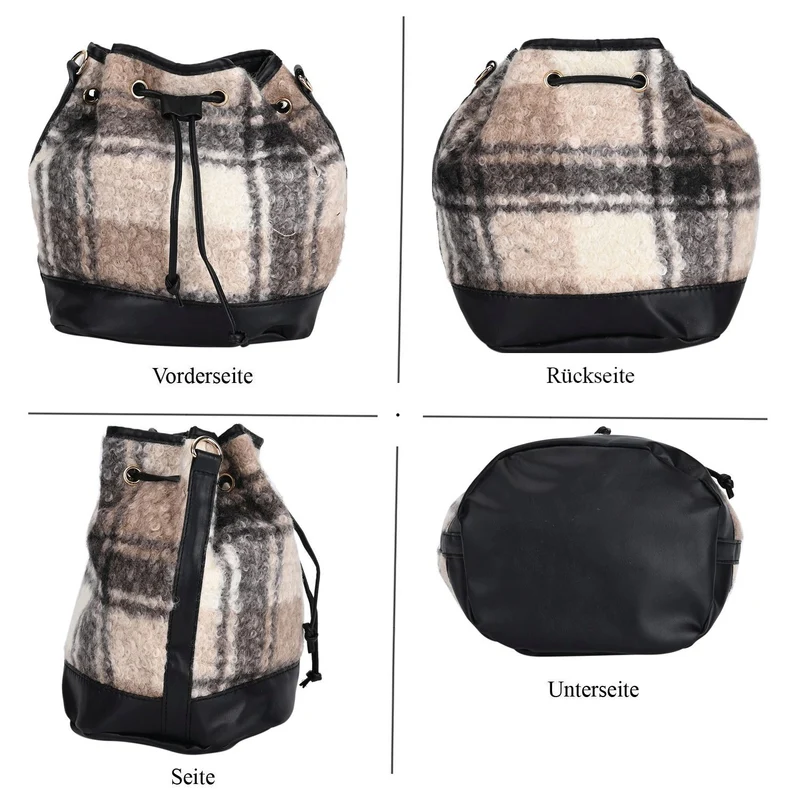 Bucket Crossbody Bag - Modische Beuteltasche mit Kordelzug, Beige Kontrast-Karo-Kunstfell, Größe: 22x18x25 cm