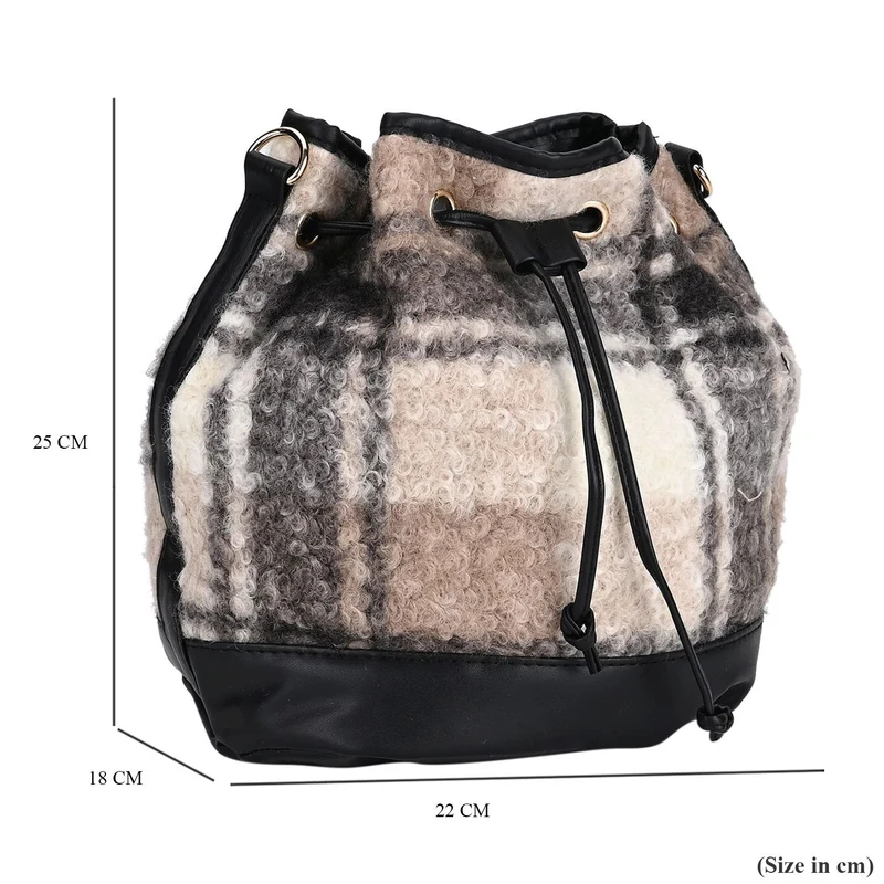Bucket Crossbody Bag - Modische Beuteltasche mit Kordelzug, Beige Kontrast-Karo-Kunstfell, Größe: 22x18x25 cm