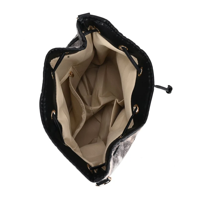 Bucket Crossbody Bag - Modische Beuteltasche mit Kordelzug, Beige Kontrast-Karo-Kunstfell, Größe: 22x18x25 cm