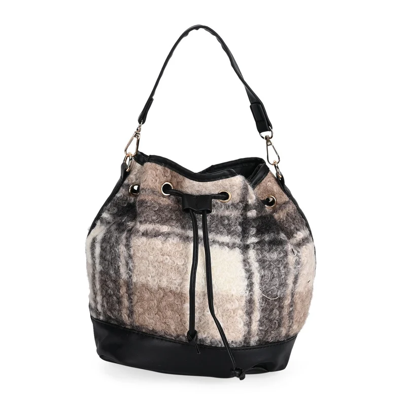 Bucket Crossbody Bag - Modische Beuteltasche mit Kordelzug, Beige Kontrast-Karo-Kunstfell, Größe: 22x18x25 cm