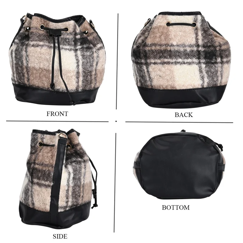 Bucket Crossbody Bag - Modische Beuteltasche mit Kordelzug, Beige Kontrast-Karo-Kunstfell, Größe: 22x18x25 cm