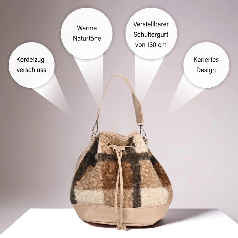 Bucket Crossbody Bag - Modische Beuteltasche mit Kordelzug, Beige Kontrast-Karo-Kunstfell, Größe: 22x18x25 cm