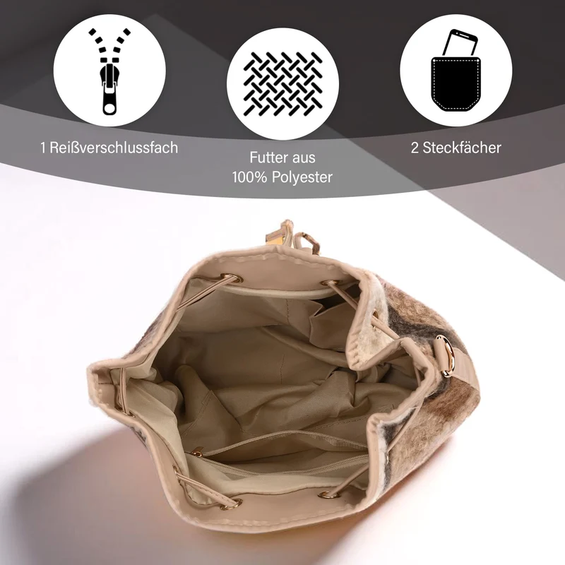 Bucket Crossbody Bag - Modische Beuteltasche mit Kordelzug, Beige Kontrast-Karo-Kunstfell, Größe: 22x18x25 cm
