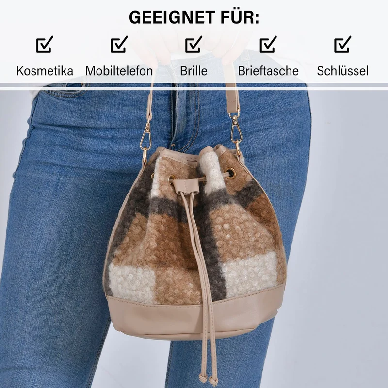 Bucket Crossbody Bag - Modische Beuteltasche mit Kordelzug, Beige Kontrast-Karo-Kunstfell, Größe: 22x18x25 cm