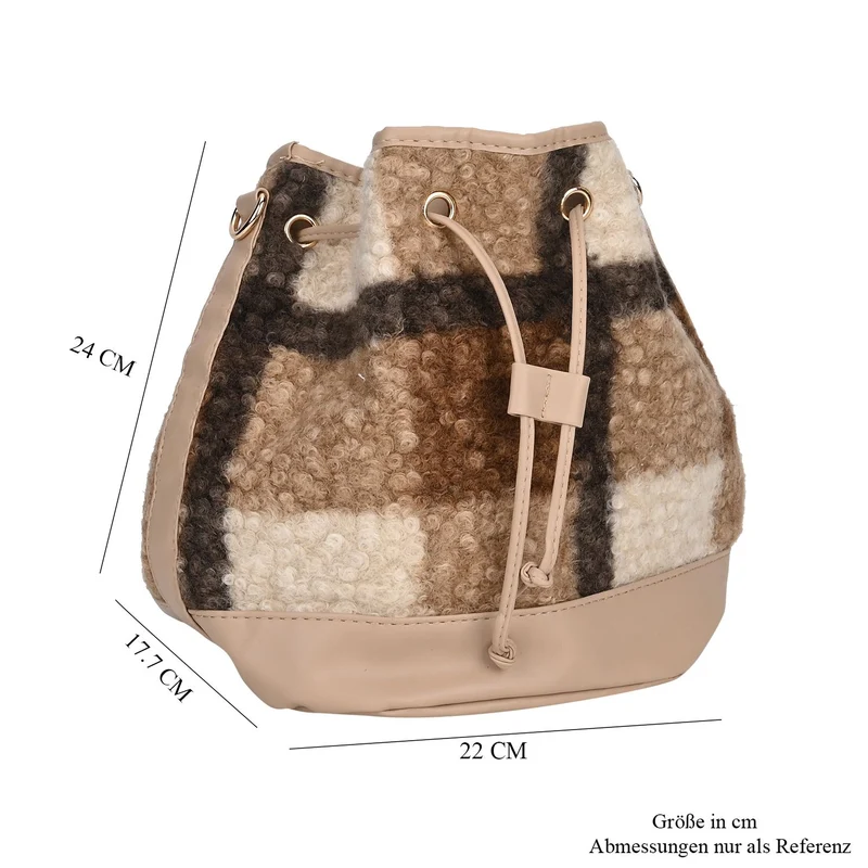 Bucket Crossbody Bag - Modische Beuteltasche mit Kordelzug, Beige Kontrast-Karo-Kunstfell, Größe: 22x18x25 cm